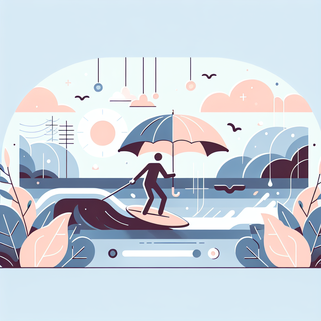 서핑할 때 양산을 사용하는 모습