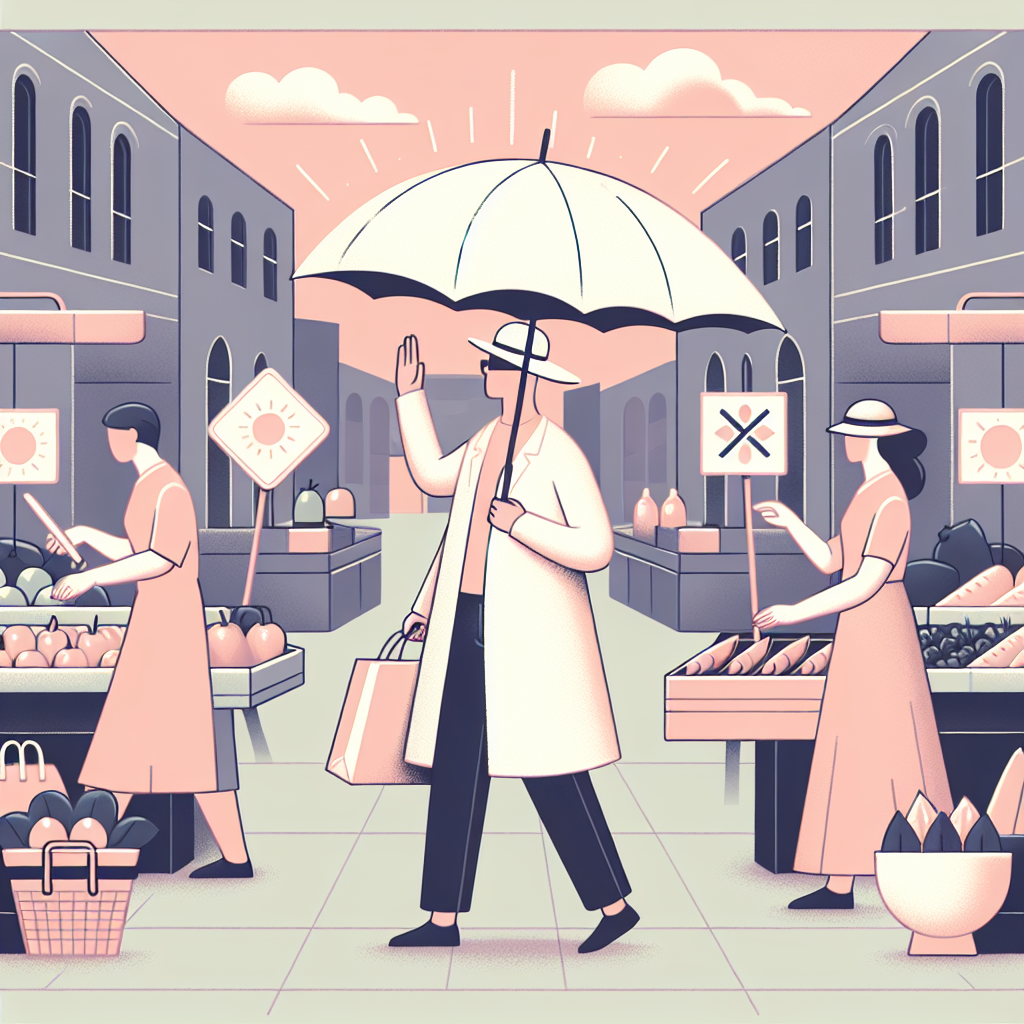 시장에서 자외선 차단하는 모습