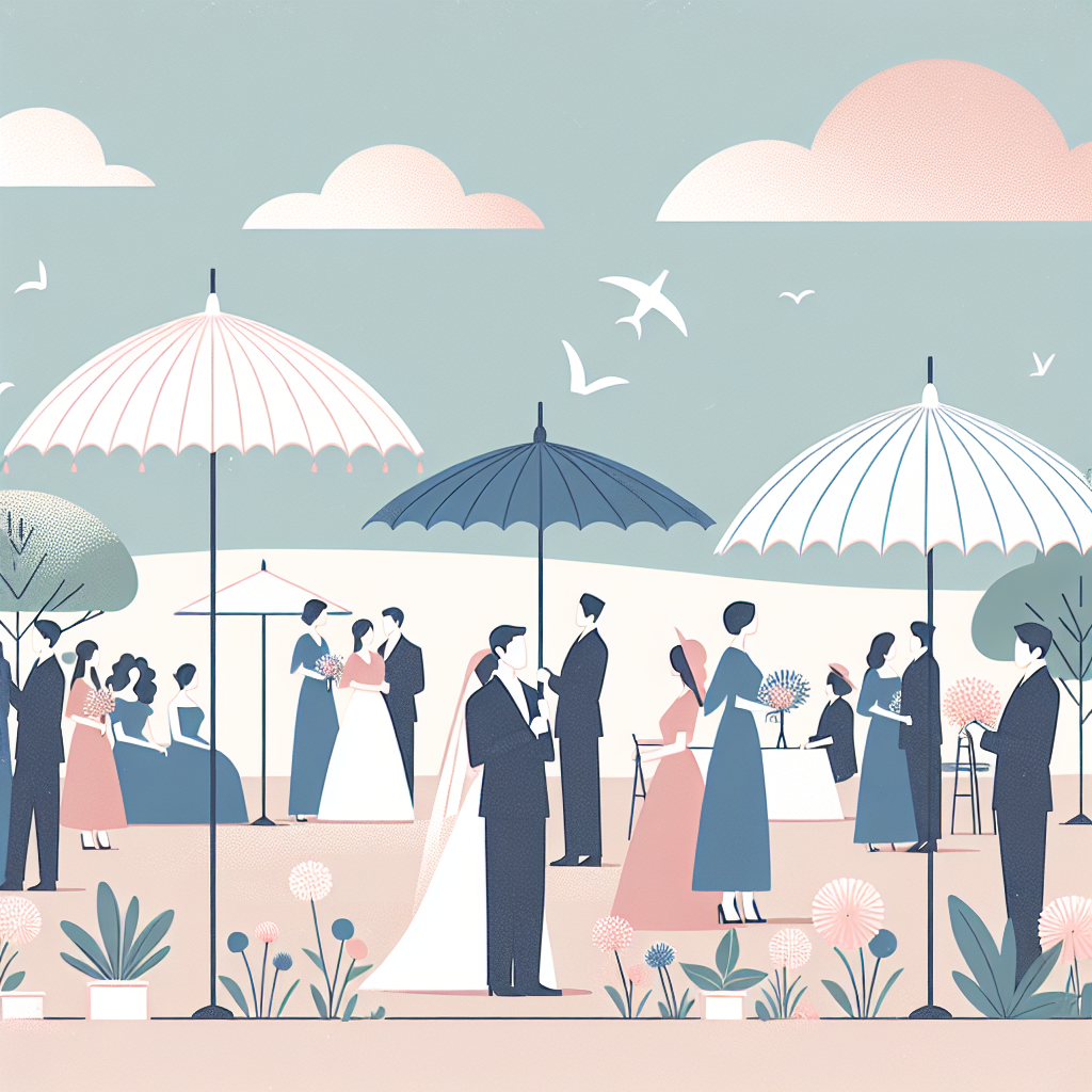 야외 결혼식 양산 사용하는 하객들의 모습